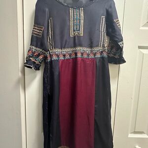 Ethnic Indian Wear Blue and Red Midi Dress with embroidered and embellishSleeves